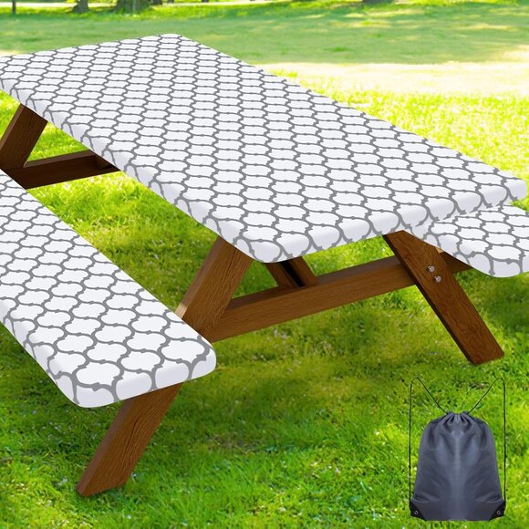 Picnic Table Cover with Bench Covers, Waterproof Elastic Fitted Tablecloth - Picture 6 of 11